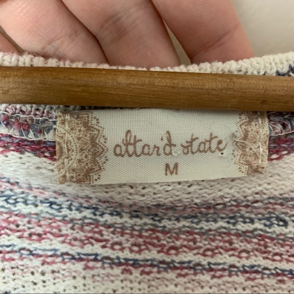 [Altar'd State] Knit Boho Striped Lace Hem Long Sleeve V-neck Sweater Top - Picture 4 of 7